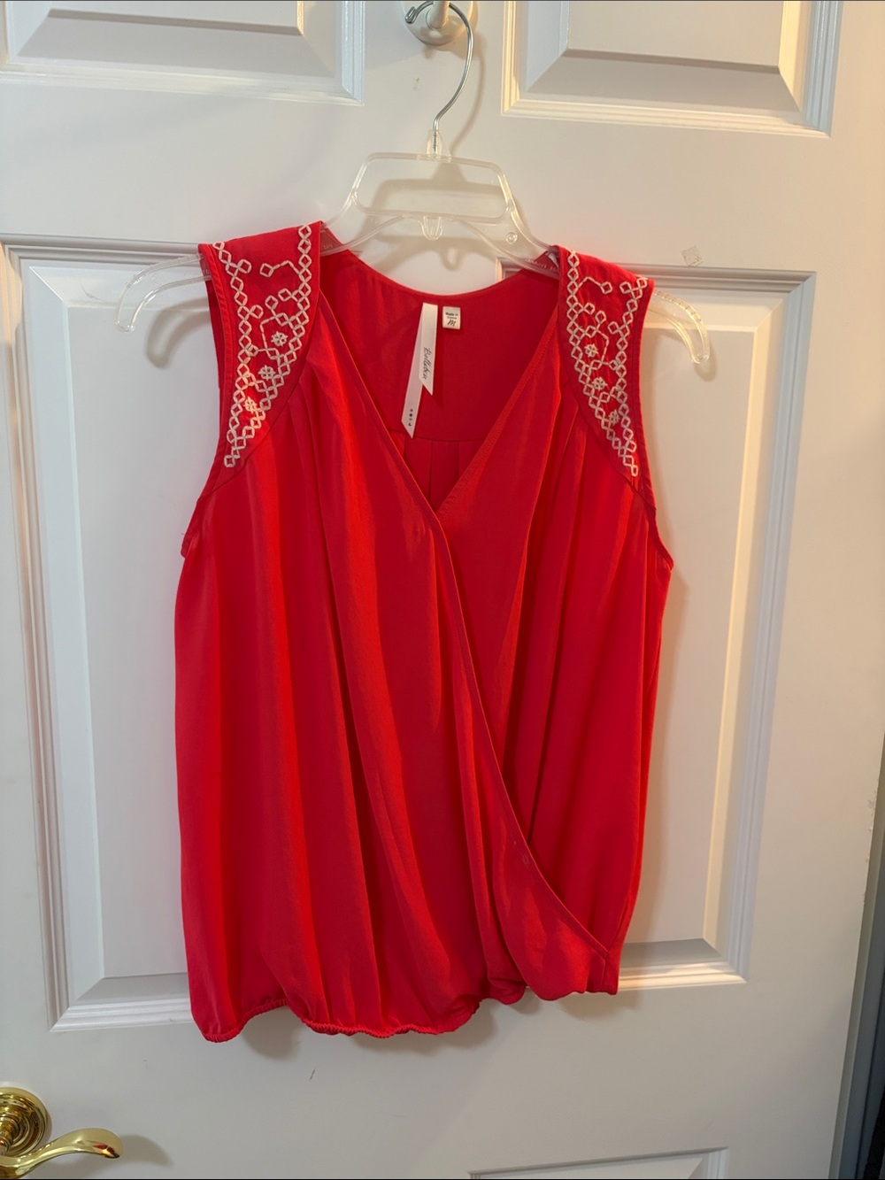 Red Sleeveless Faux-Wrap Tank with White Embroidered Shoulders